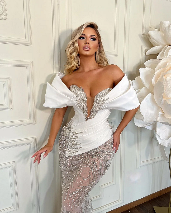 Heavy White Prom Dress Wedding Dress Sleeveless Tulle