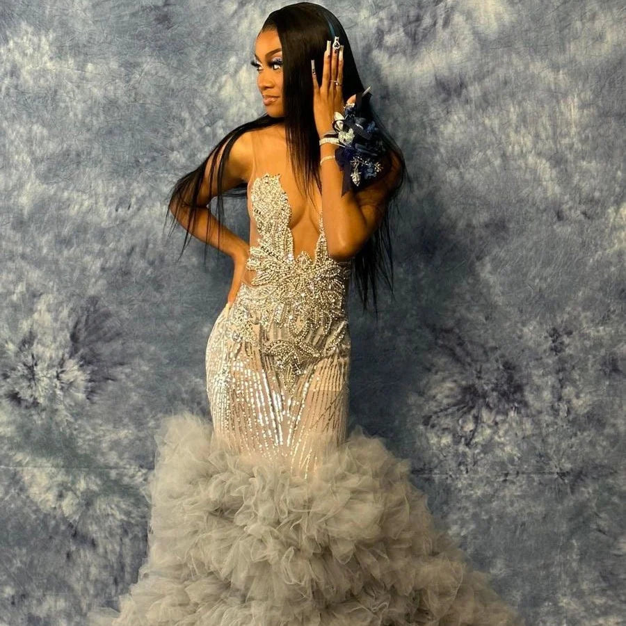 Robe de bal longue noire pour filles, style sirène, paillettes, perles et cristaux, robe de soirée d'anniversaire, personnalisée