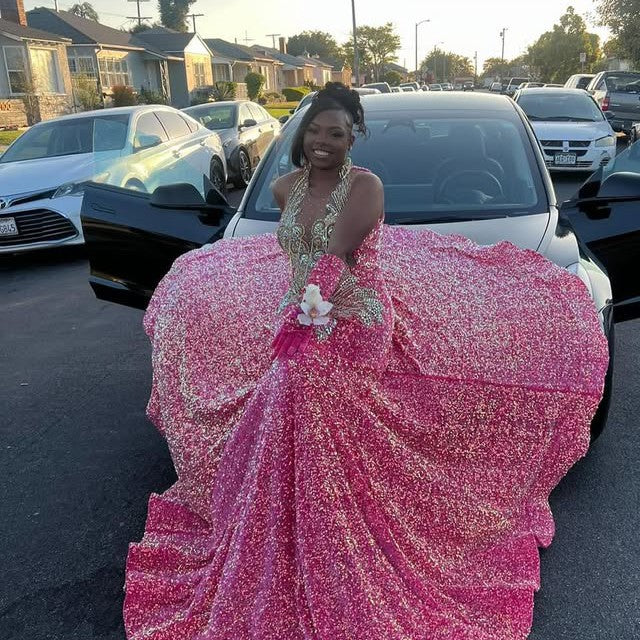 Robe de bal longue noire pour filles, style sirène, paillettes, perles et cristaux, robe de soirée d'anniversaire, personnalisée