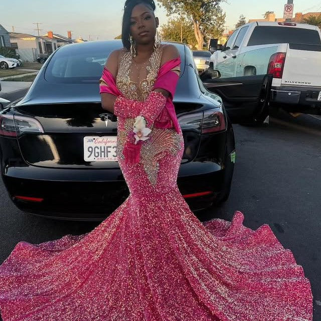 Robe de bal longue noire pour filles, style sirène, paillettes, perles et cristaux, robe de soirée d'anniversaire, personnalisée