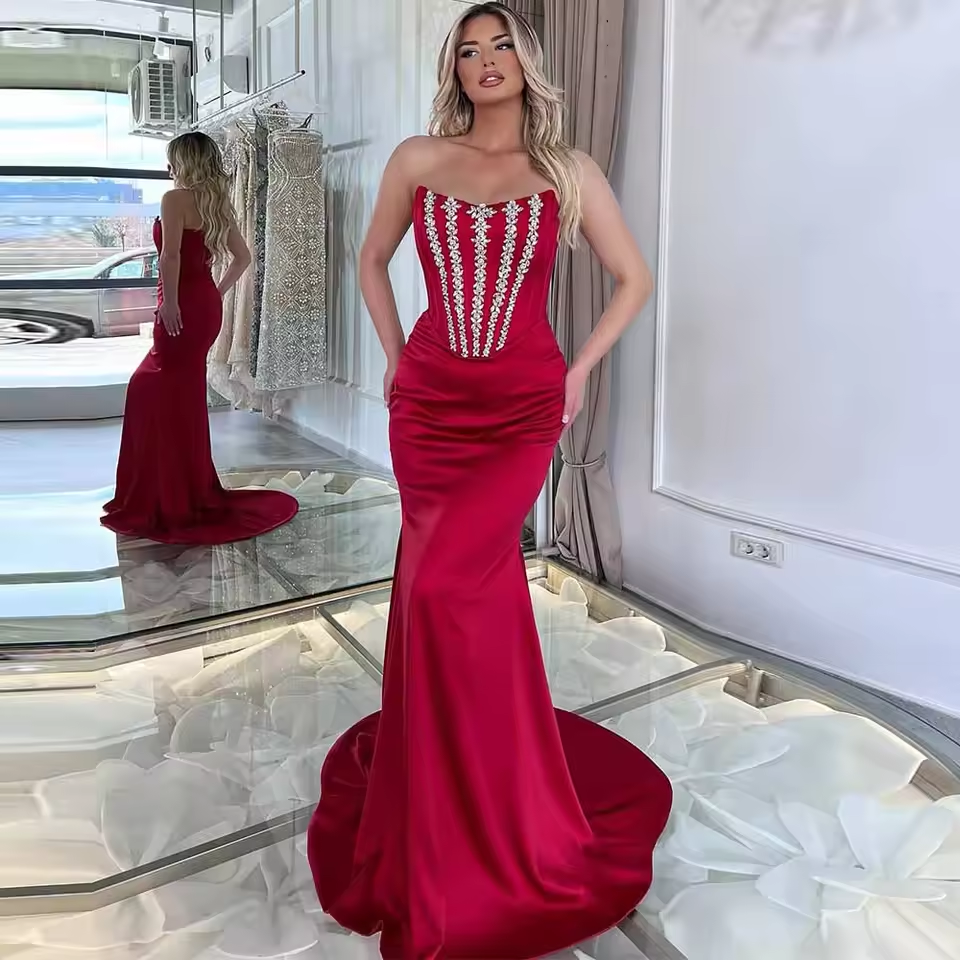 Luxury Dresses for Special Occasions Satin Mermaid/Trumpet Formal Evening Dress Black Strapless Rhinestones Pleat Prom Dresses