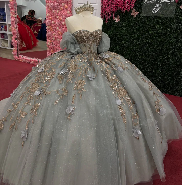 Luxury Glittery Tulle Sweetheart 3D Flowers Sweet 16 Quinceanera Dresses with Bowknot