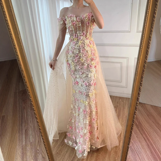 Luxury Nude Off Shoulder Floral Beaded Evening Dress with Detachable Overskirt Customized
