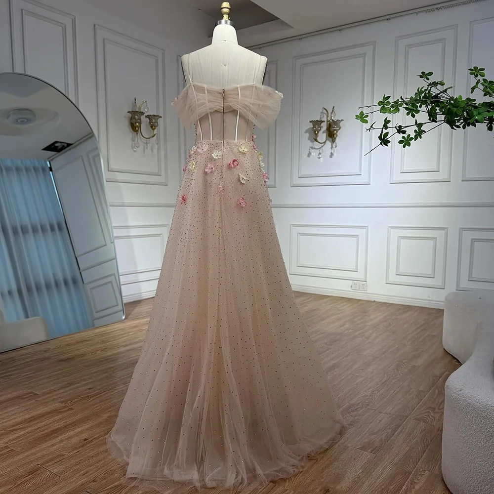 Luxury Nude Off Shoulder Floral Beaded Evening Dress with Detachable Overskirt Customized