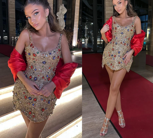 Luxury Spaghetti Straps Homecoming Dress Rhinestones A-line Mini Saudi Arabric Illusion Cocktail Party Gown Customized