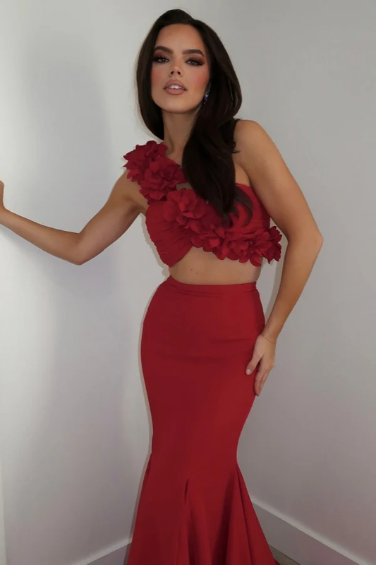 Mermaid One Shoulder Sleeveless Two Piece Ruched Prom Dress Evening Formal Gown Birthday Party Dress Cocktail Dress