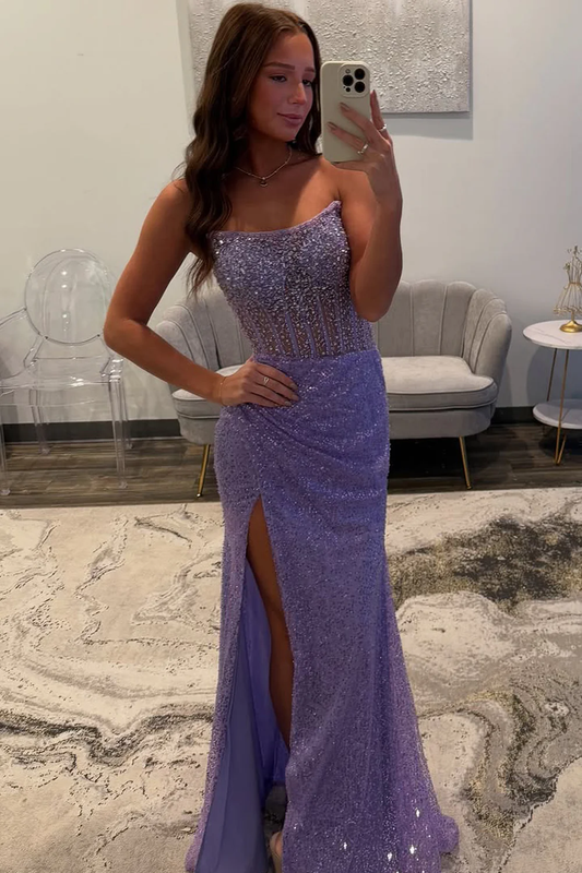 Mermaid Strapless Lavender Sequin Long Prom Dresses with Slit