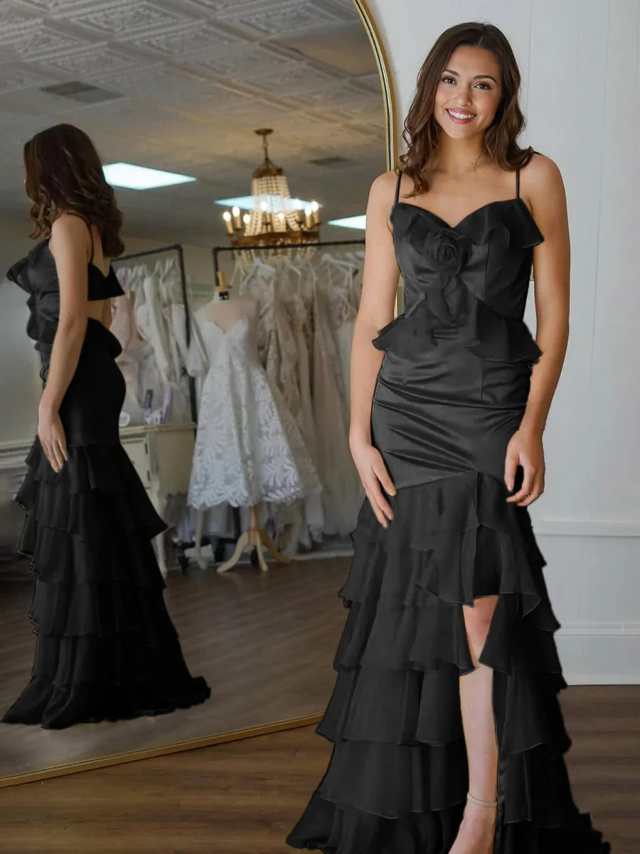 Mermaid V-Neck Yellow Ruffle Chiffon Long Prom Dresses with Flower