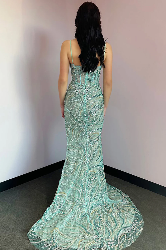 Mermaid V Neck Mint Sequin Lace Long Prom Dresses with Slit