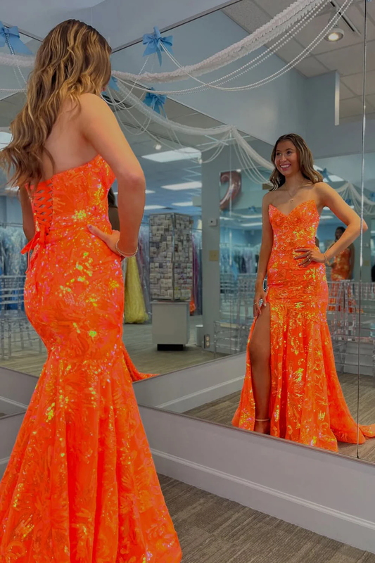 Mermaid V Neck Orange Sequins Lace Long Prom Dress