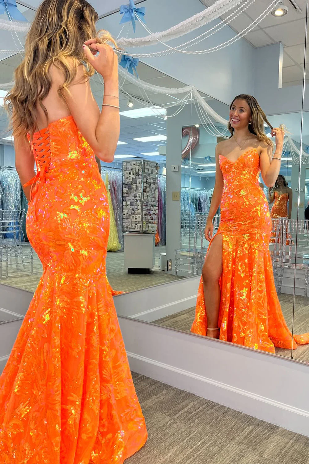 Mermaid V Neck Orange Sequins Lace Long Prom Dress
