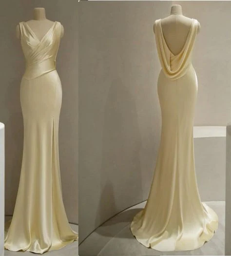 Mermaid V Neckline Satin Yellow Long Prom Dresses Formal Evening Dress