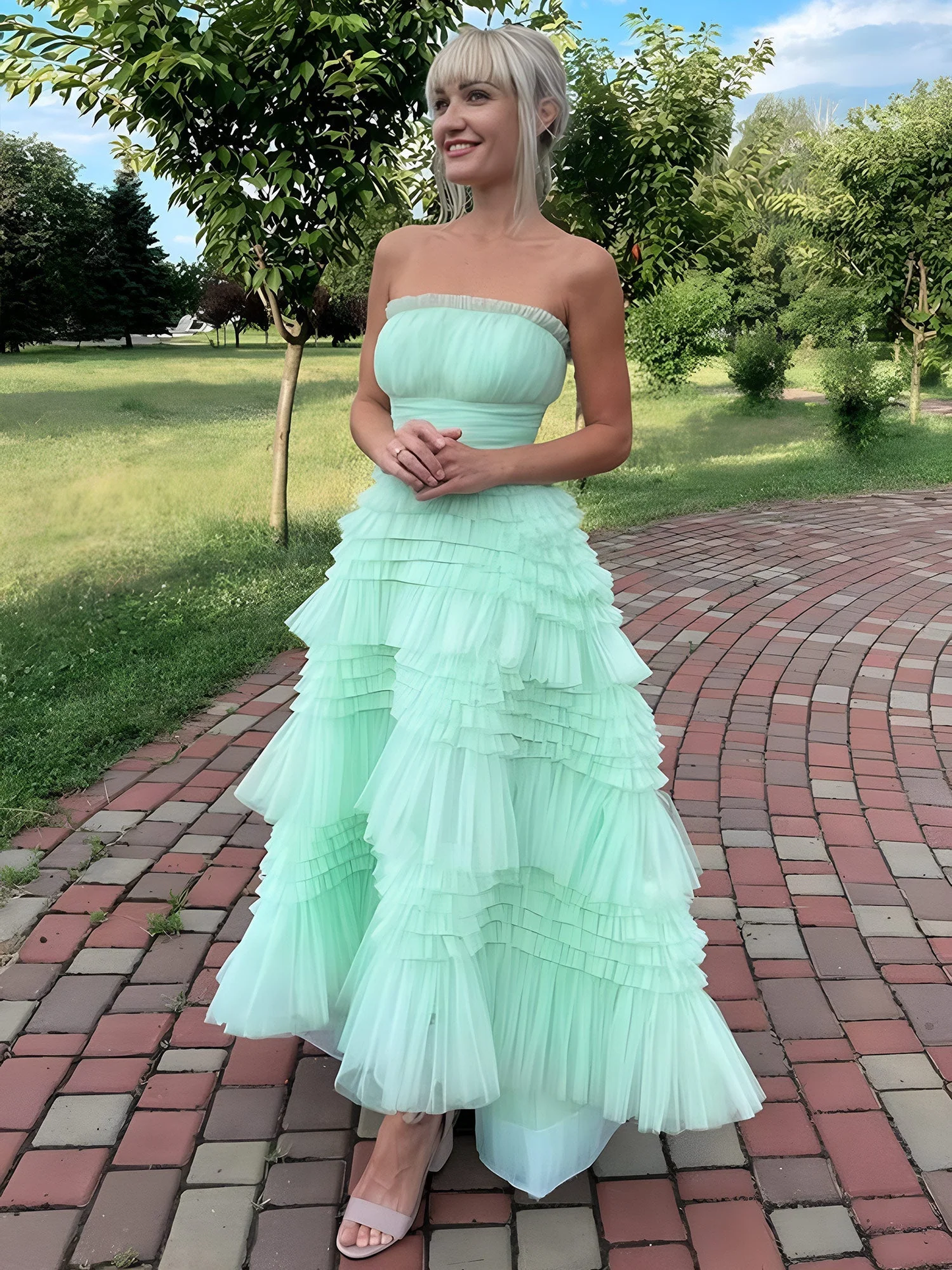 Mint Green Strapless Tulle Tiered Ruffles High-low Prom Dress