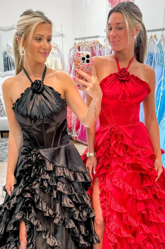 Modern A-Line Halter Sleeveless Open Back Ruffles Tiered High Side Slit and Train Back Zipper Prom Party Dress Evening Gown