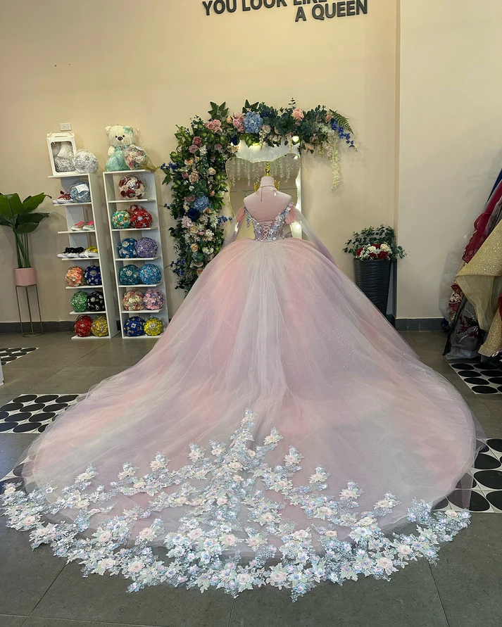 Off Shoulder Sleeveless Beaded 3D Flower Appliques Pink Sweet 15 Quinceañera Dress