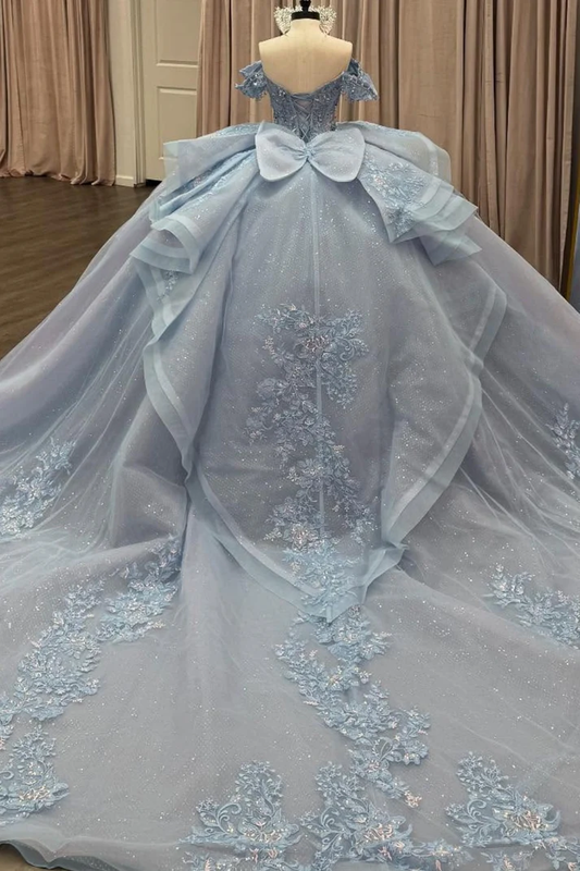 Off Shoulder Sleeveless Beaded Appliques Bow Knot Blue Sweet 15 Quinceañera Dress