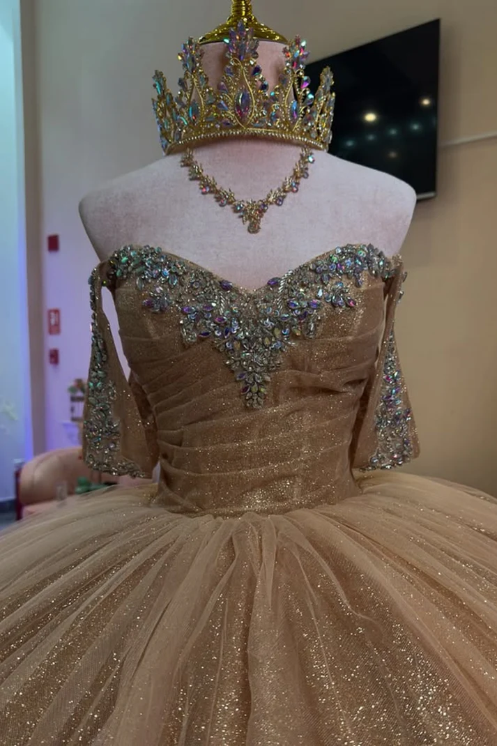 Off Shoulder Sleeveless Beaded Gold Sweet 15 Quinceañera Dress