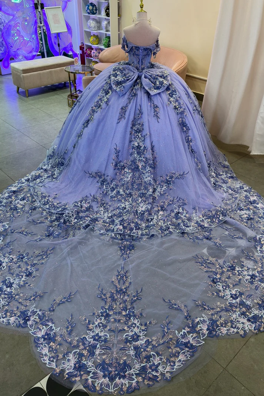 Off Shoulder Sleeveless Beaded Sequins Appliques Bow Knot Lilac Sweet 15 Quinceañera Dress