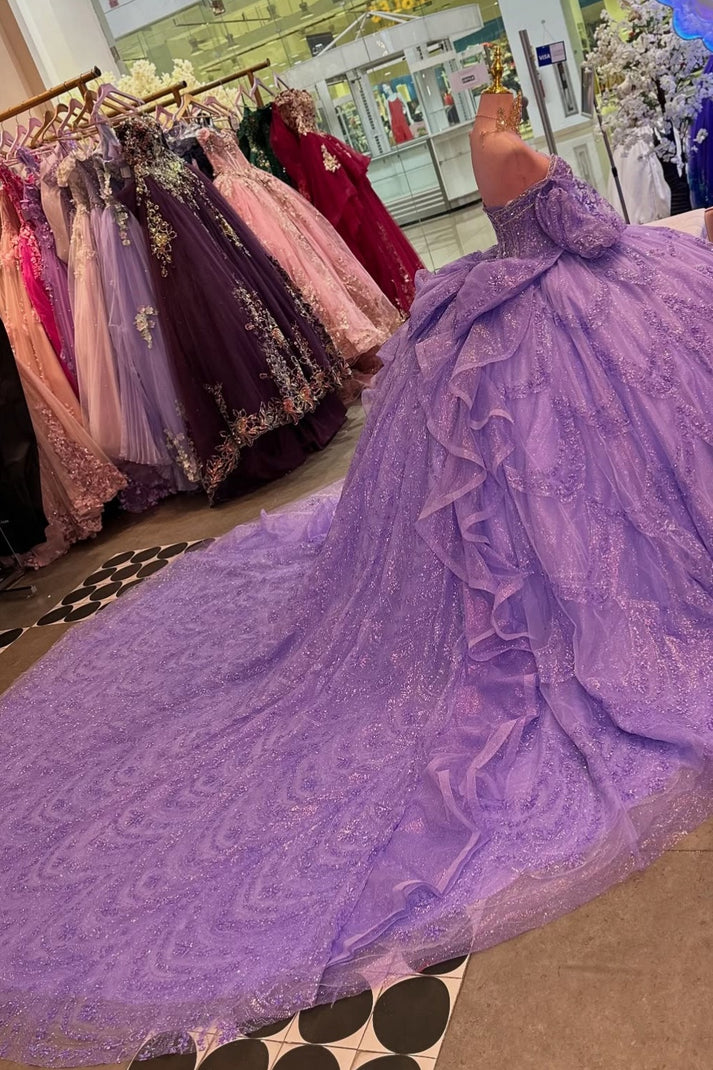 Off Shoulder Sleeves Beaded Sequins Appliques Bow Knot Ruffles Lilac Sweet 15 Quinceañera Dress