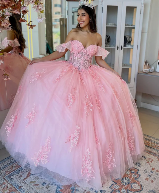 Off Shoulder Tulle Appliqued Corset Pink Quinceanera Dresses for Sweet 16 Birthday