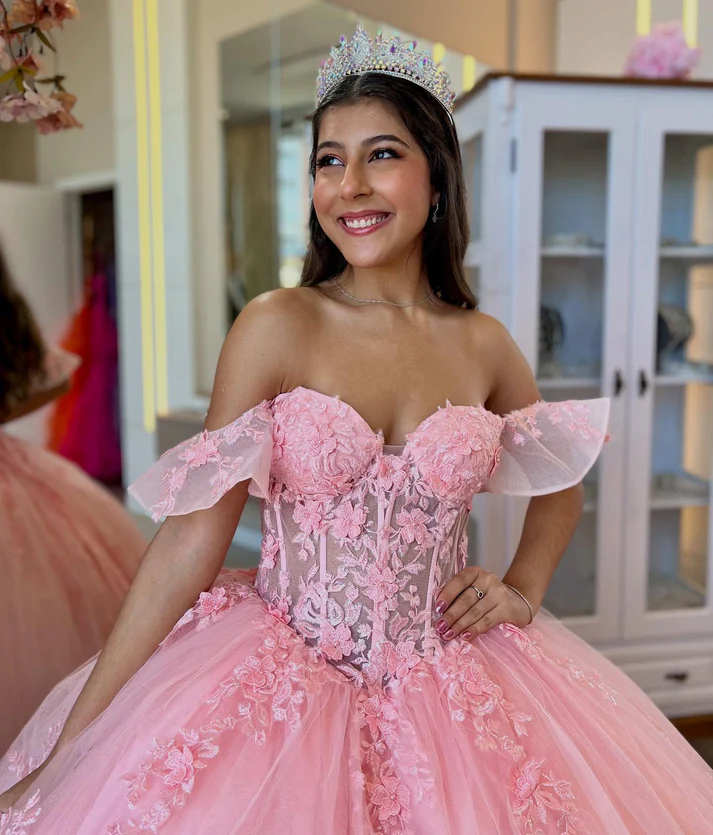 Off Shoulder Tulle Appliqued Corset Pink Quinceanera Dresses for Sweet 16 Birthday