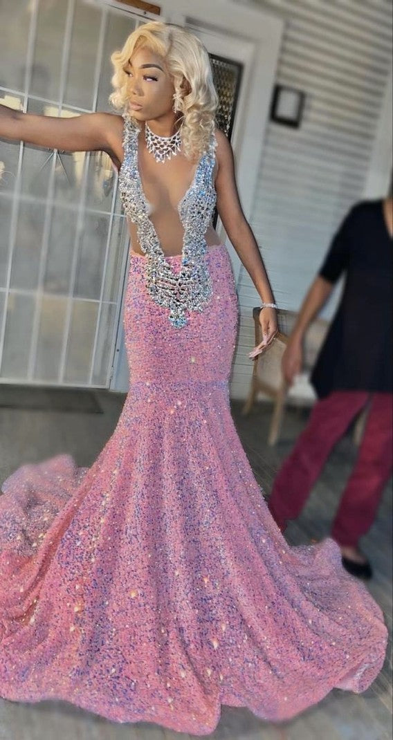 Robes de bal roses scintillantes, robe de soirée sirène rose à paillettes sexy pour bal de promo