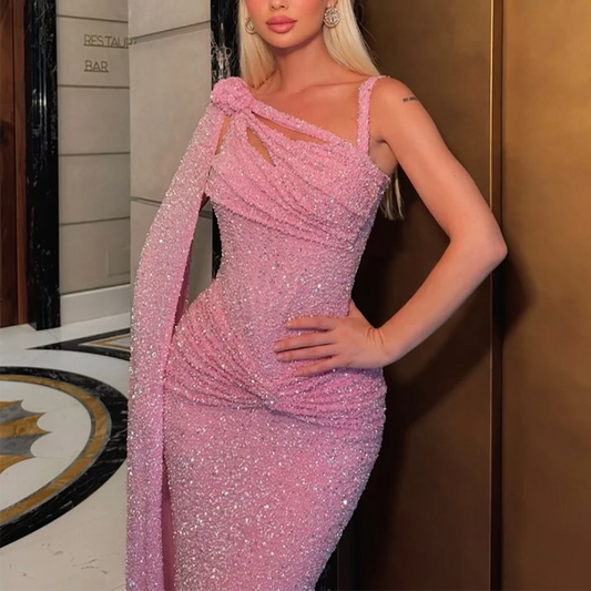 Pink Beaded Evening Dress Luxury Lady One Shoulder Full Sleeves Mermaid Gown Chic Pleat Prom Dress for Women Fashion