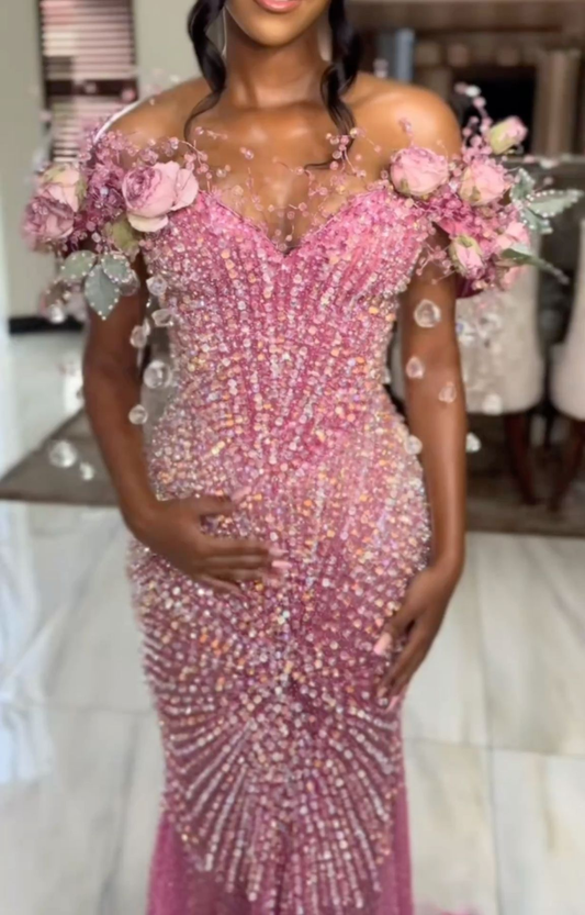 Pink Off The Shoulder Prom Dress Diamonds Mermaid Evening Gowns Formal Party Dress Customized