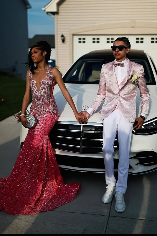 Pink V-neck Sparkle sequin Mermaid Court Train Prom Dresses