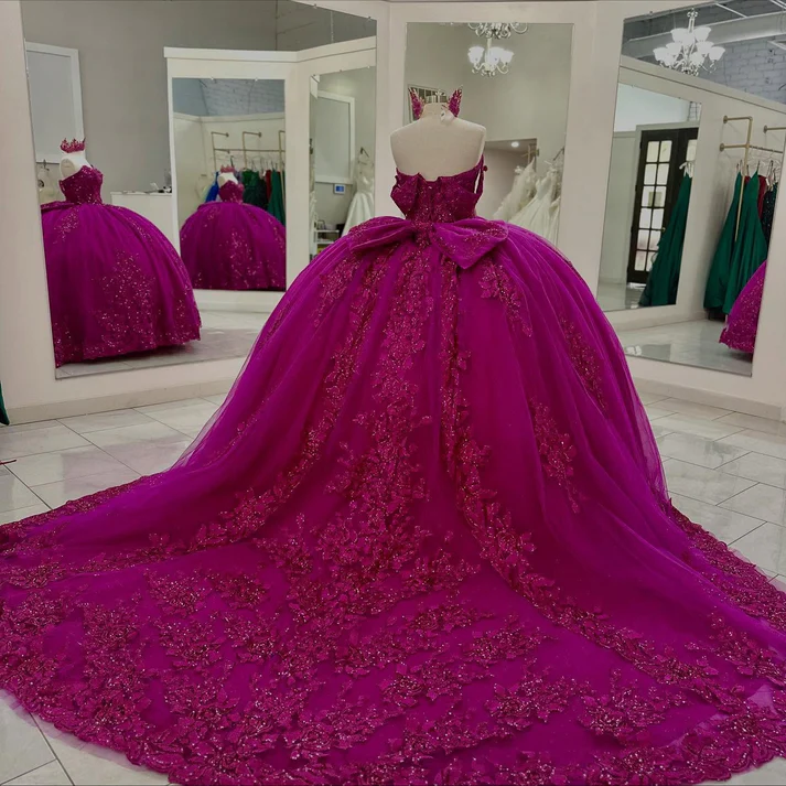 Princess Ball Gown Fuchsia Off Shoulder Tulle Appliqued Quinceanera Dresses