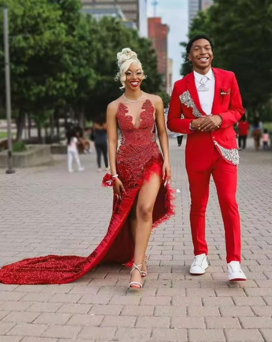 Red Sparkly Mermaid Prom Dresses Luxuey Diamond Crystal Feather Black Girl Sexy Slit Runway Party Birthday Gown for High School