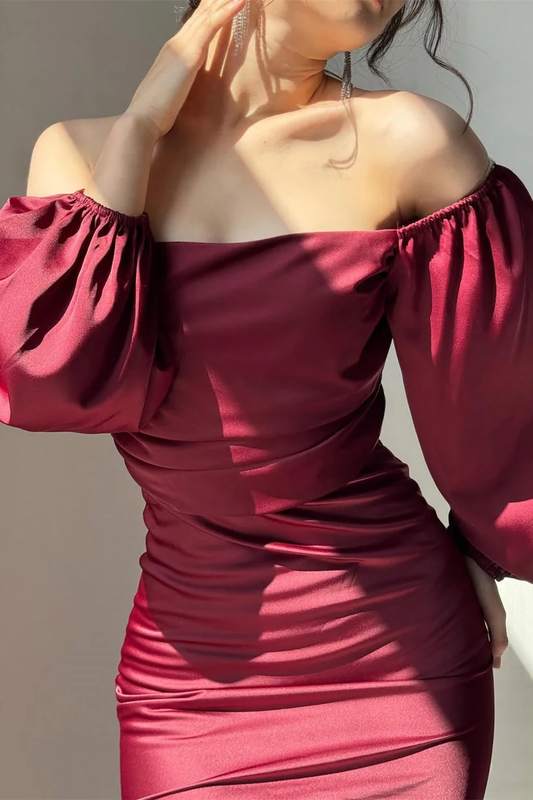 Romantic Burgundy Off-The-Shoulder Long Sleeves Satin Prom Dresses Mermaid With Pleats