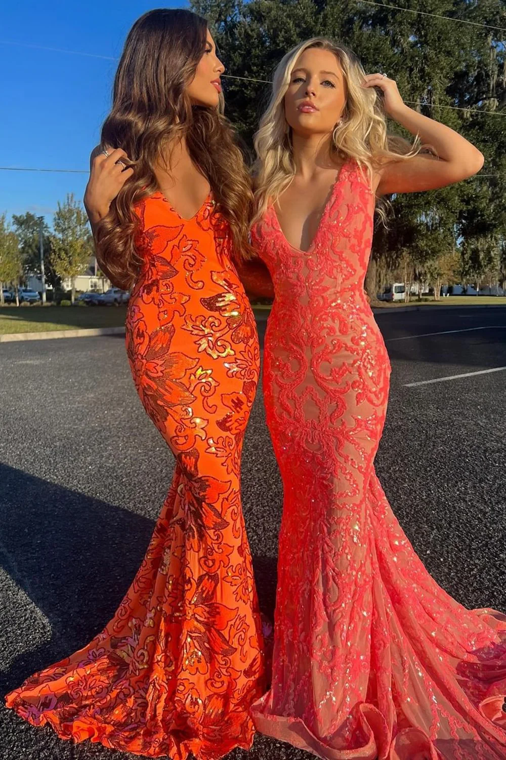 Romantic Mermaid V Neck Orange Sequin Lace Long Prom Dress