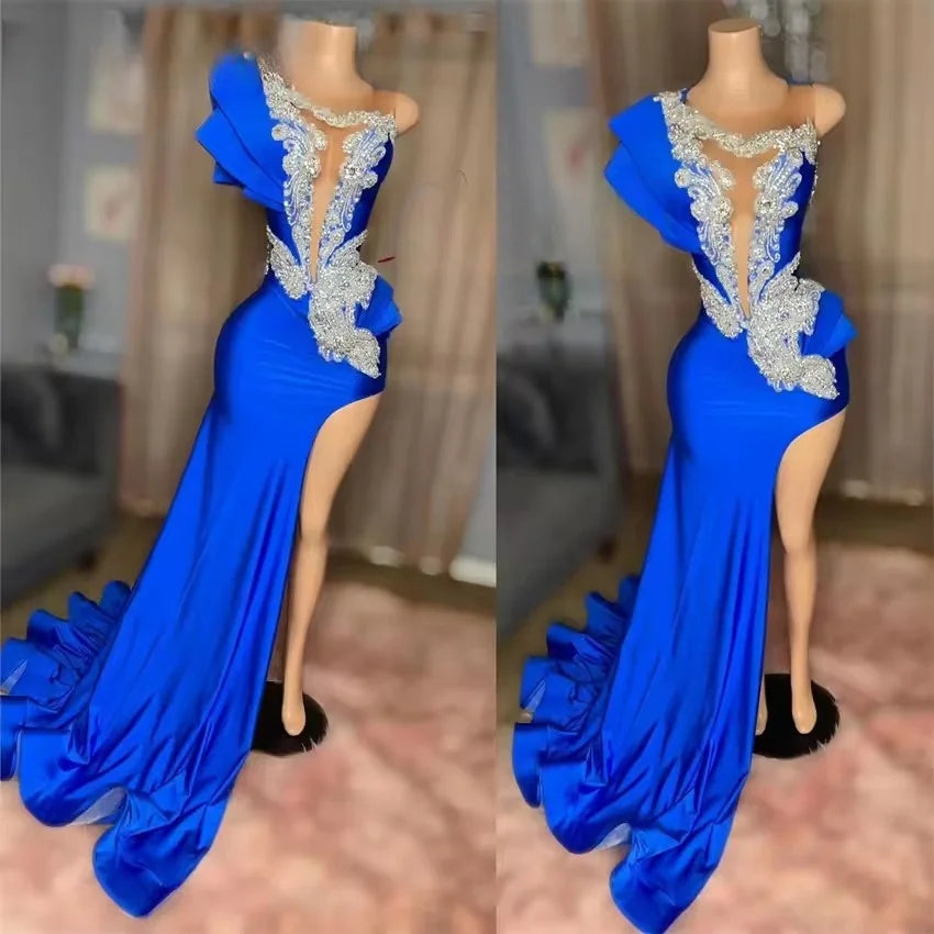 Robe de bal longue bleu roi exquise, col rond, robe de fête d'anniversaire, transparente, perles, diamants, fendue, robes de soirée personnalisées