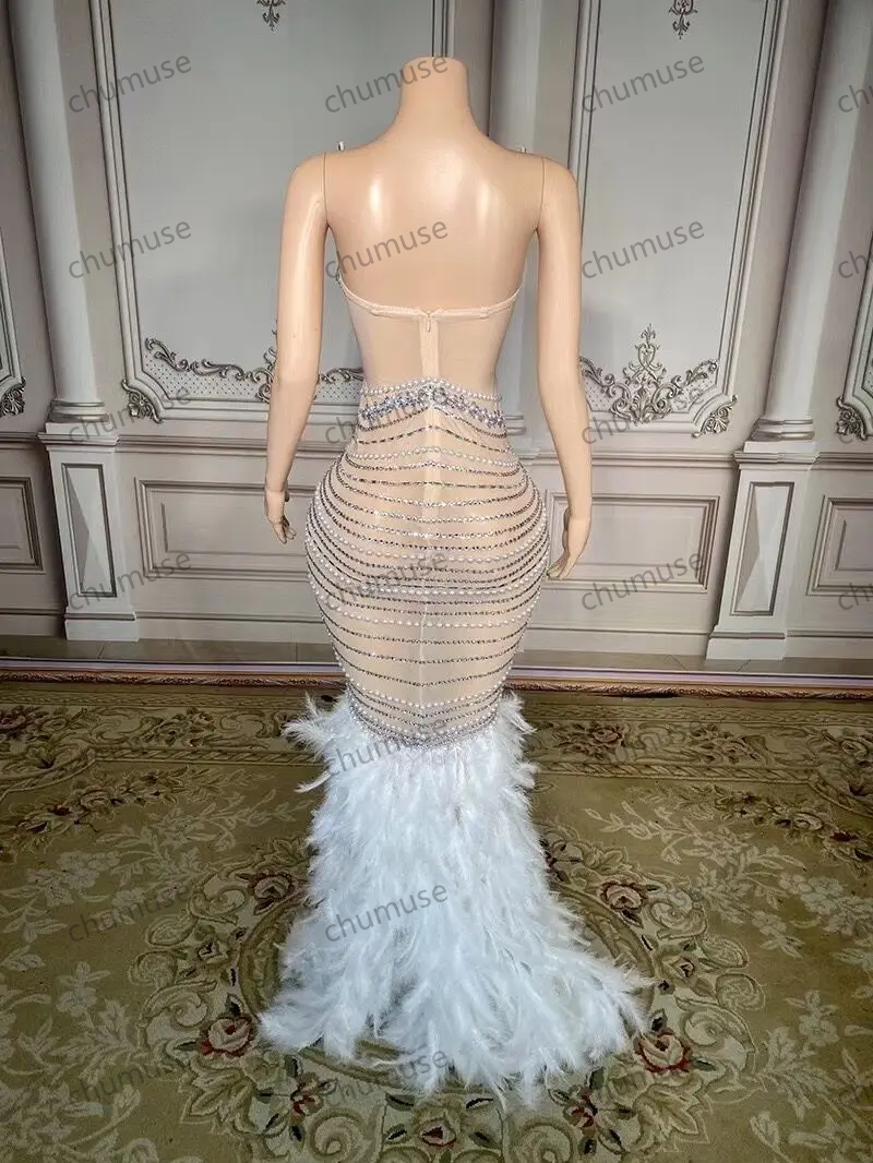 Luxury Pearls Grand Feather Sexy Floor-Length Dress Evening Party Performance Costume