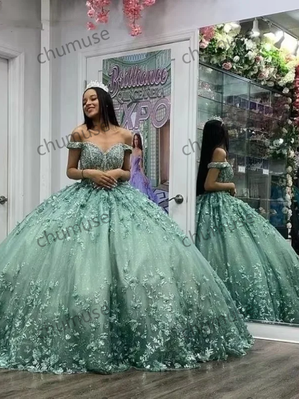 Robe de Quinceanera vert sauge, robe de bal, paillettes, dentelle, appliques, perles, Mexique, Sweet 16