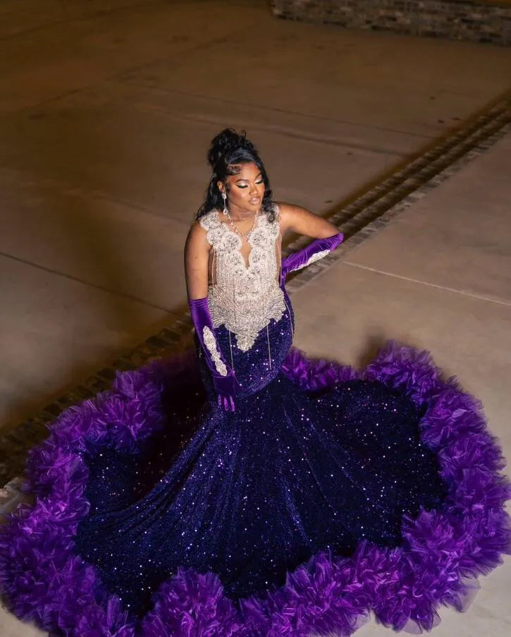 Purple Sparkly Long Prom Occasion Formal Dresses for Black Girl Luxury Diamond Tassel Evening Birthday Gala Dress customsized