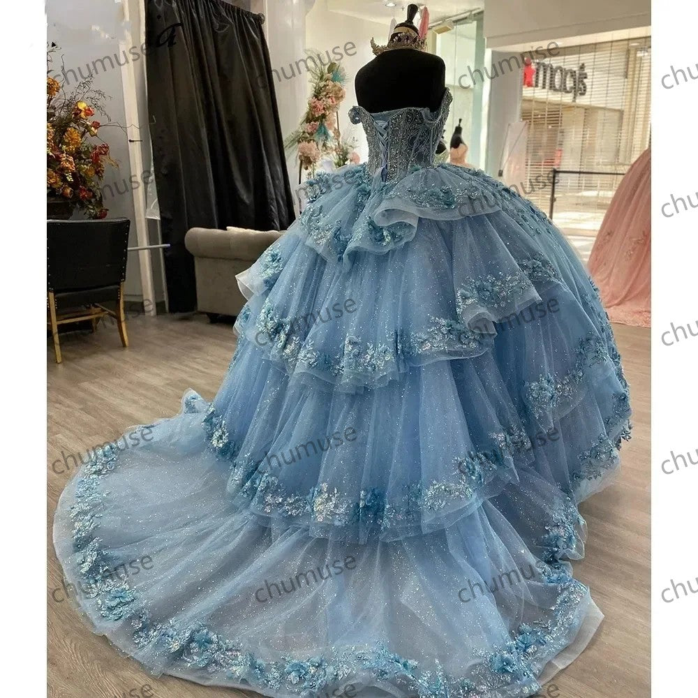 Light Blue Ball Gown Off Shoulder Quinceanera Dresses Sequined Lace Beading Crystal