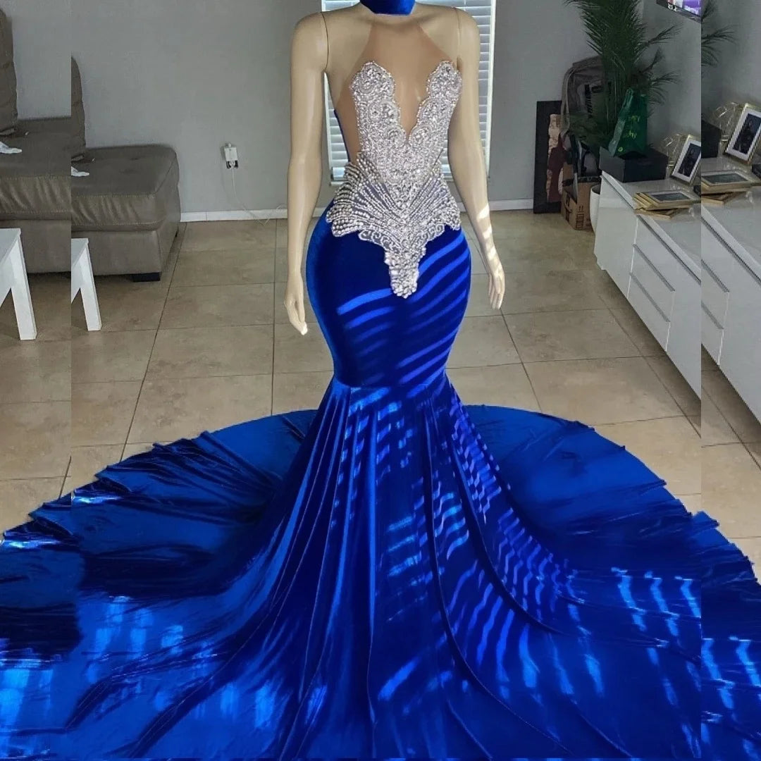 Royal Blue African American Long Prom Dresses For Black Girls Mermaid Halter Crystals Women Party Evening Gown Customized