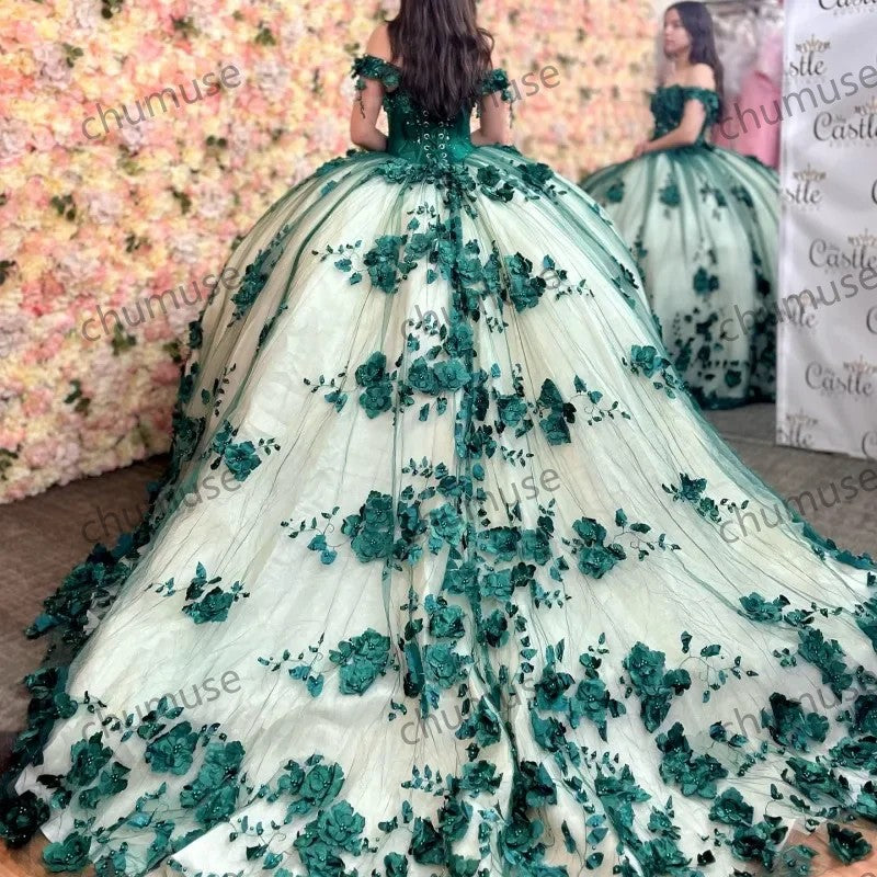 Green Off The Shoulder Quinceanera Dresses Tulle 3D Flower Beading Pageant Birthday