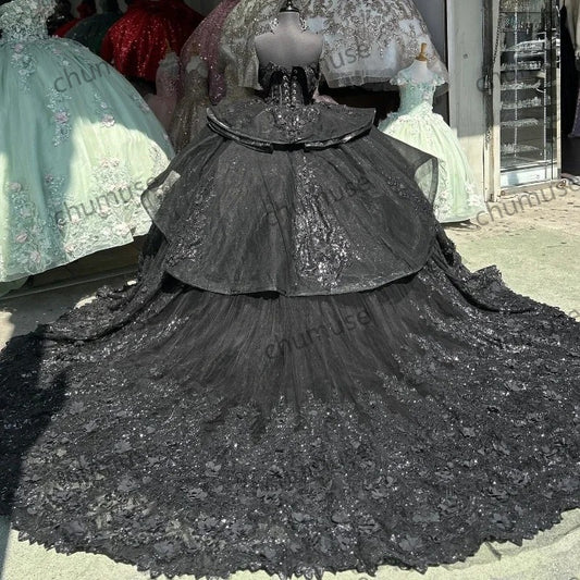 Vestidos pretos de quinceanera, vestido de 15 anos, contas de cristal, apliques de renda, vestido doce 16