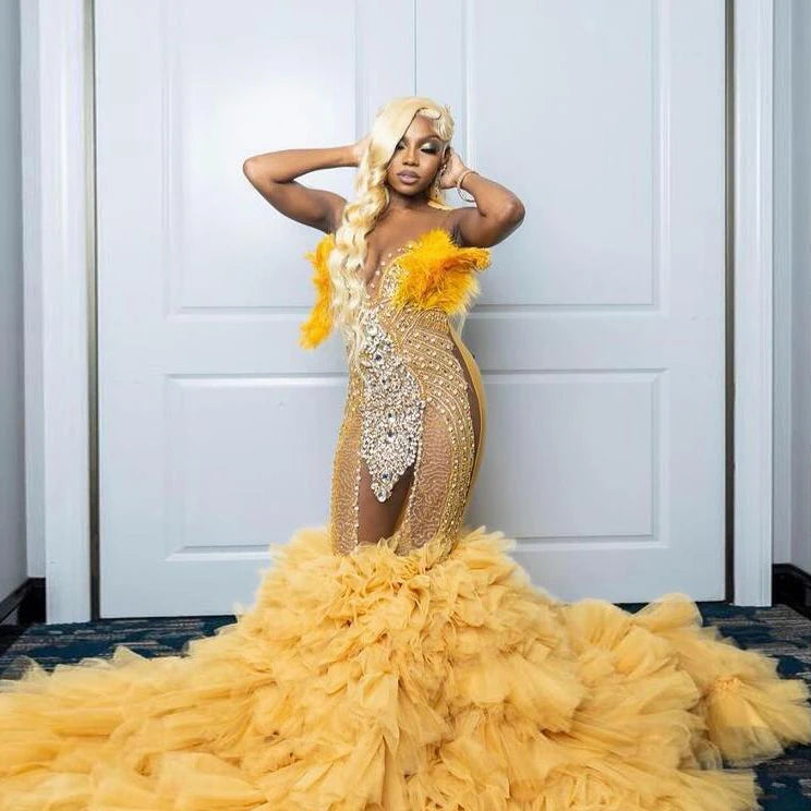 Superbes robes de bal sirène à col transparent, appliques en dentelle, volants perlés, traîne, robes de soirée dos nu pour femmes, robes de soirée formelles