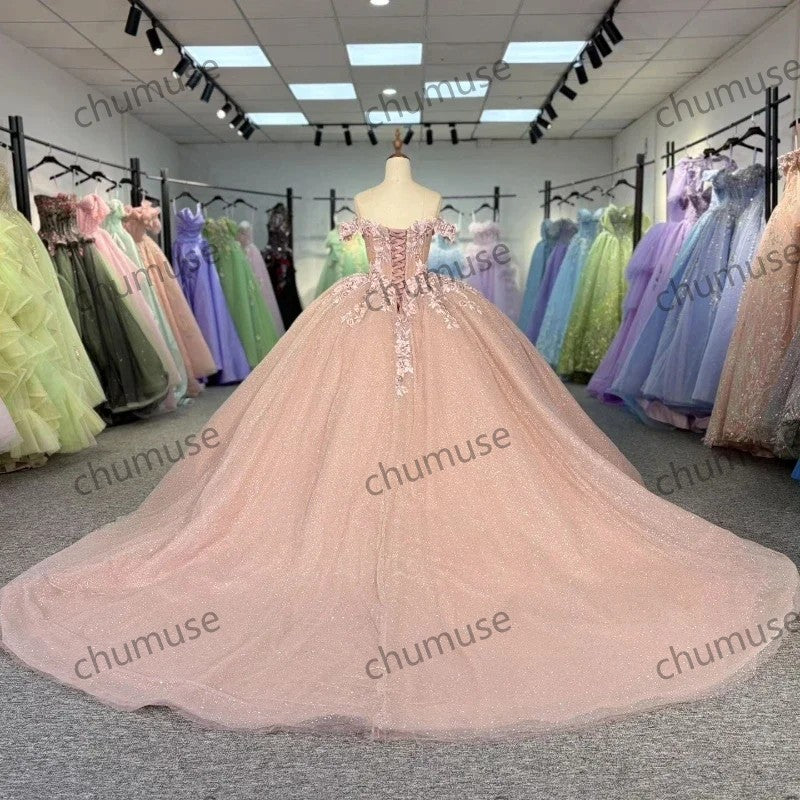Shiny Pink Quinceanera Dresses Ball Gowns Applique Beads Crystal Tulle Lace-Up