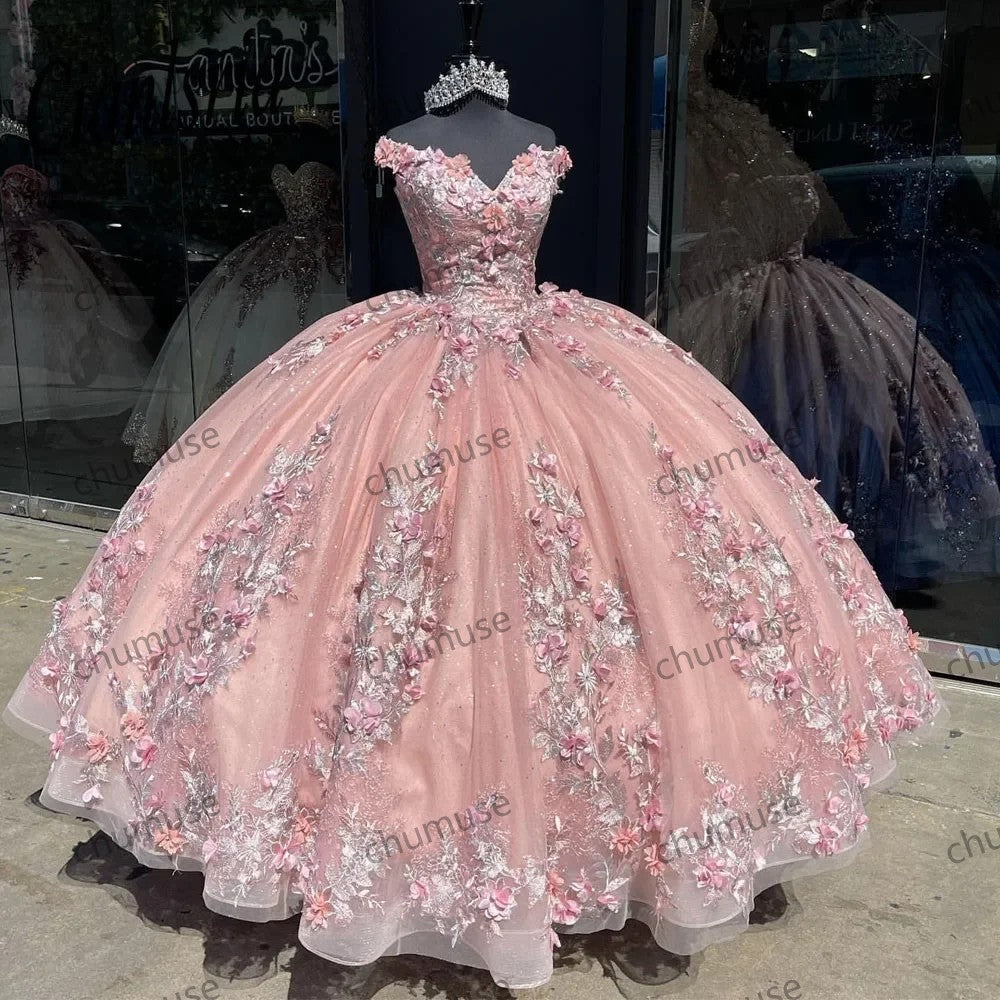 Robes de Quinceanera mexicaines roses avec fleurs florales 3D appliquées