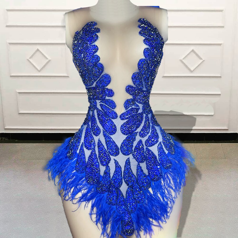 Glitter Beaded Feather Black Girls Blue Short Prom Dresses Sexy Women –  CHUMUSE