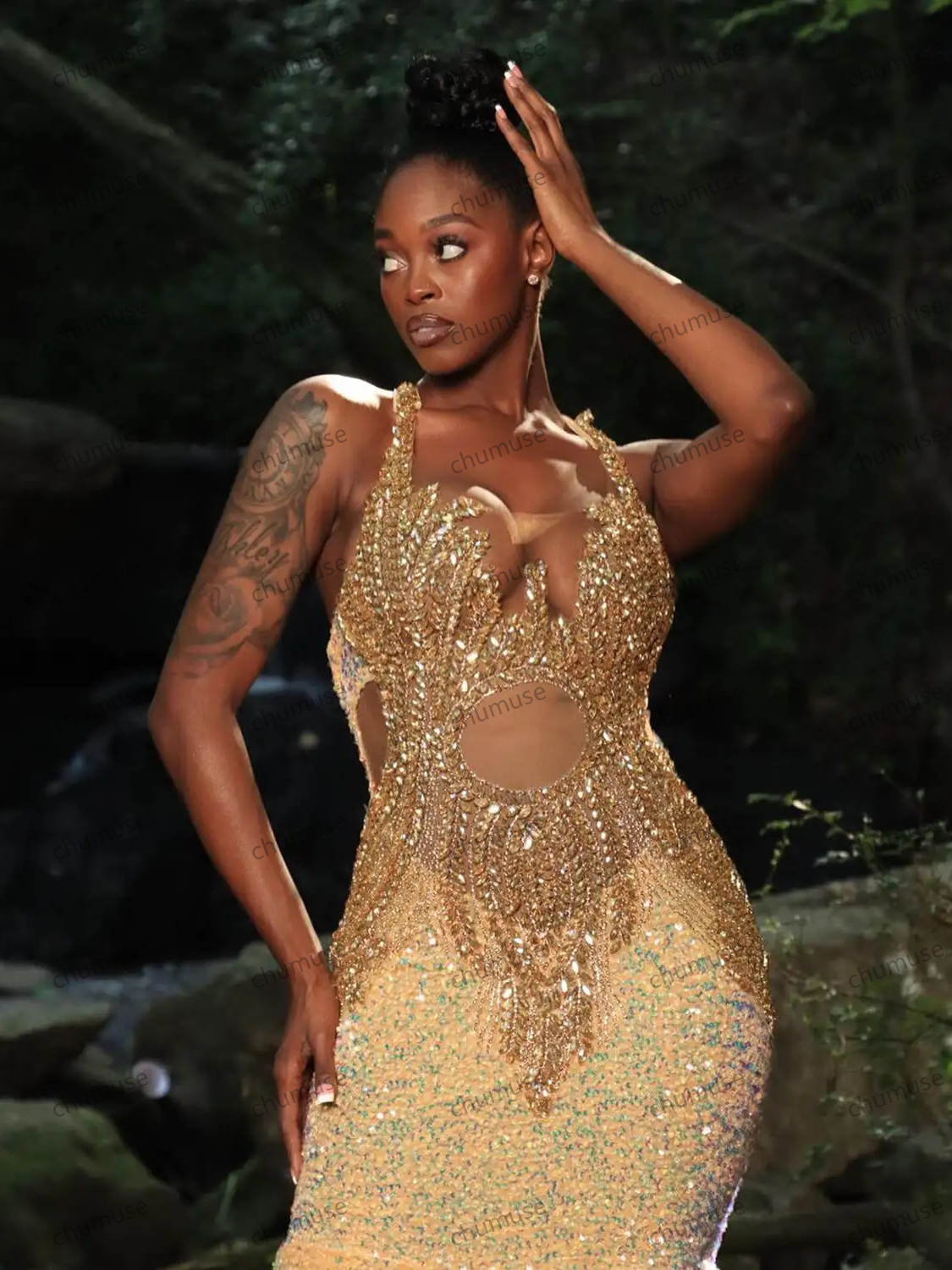 Golden Evening Dresses Mermaid Straps Sequins Crystal Backless Court Gown Party dresses