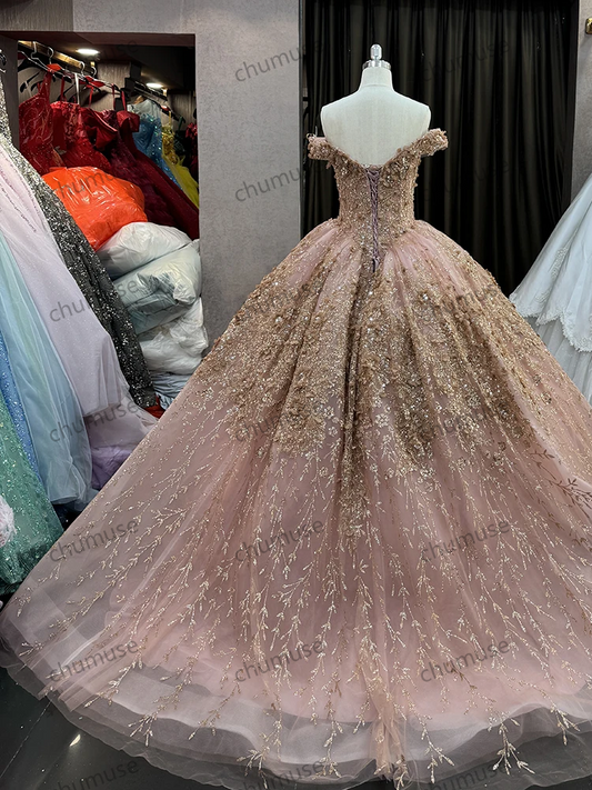 new design Flowers Pink Off Shoulder Ball Gown Embroidery Wedding Evening Dresses