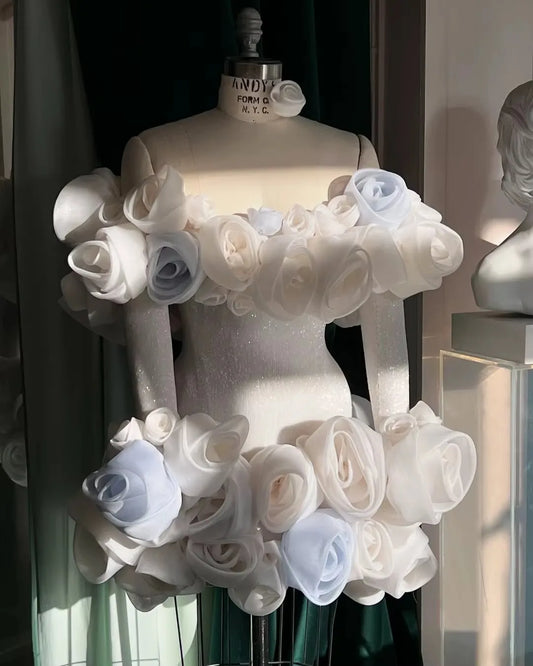 3D Floral Dress Woman Handmade Flowers Short Prom Party Dresses Sequined White Ivory Rose Sleeve Birthday Bridal Dress Custom