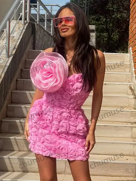 Bonito minivestido floral rosa para mujer, para fiestas, citas o vacaciones, hecho a mano con flores 3D, vestido largo corto para mujer