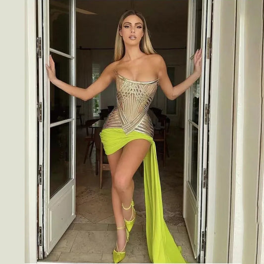 Colored Prom Gowns Transparent 2025 Couture Off Shoulder Short Celebrity Gown Overlay See Through Sexy Formal Party Dress